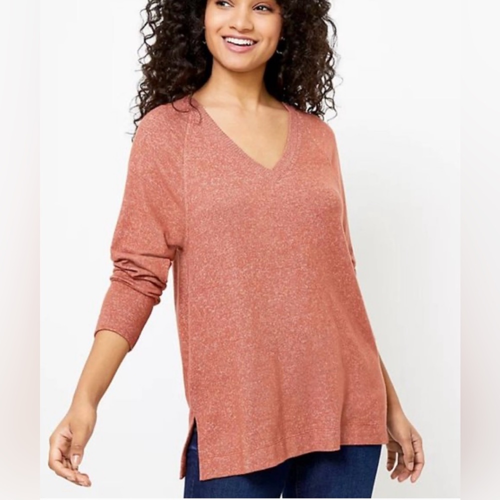 NWT Loft Rust Orange Rib Trimmed V-neck Long Sleeve Blouse/Tee